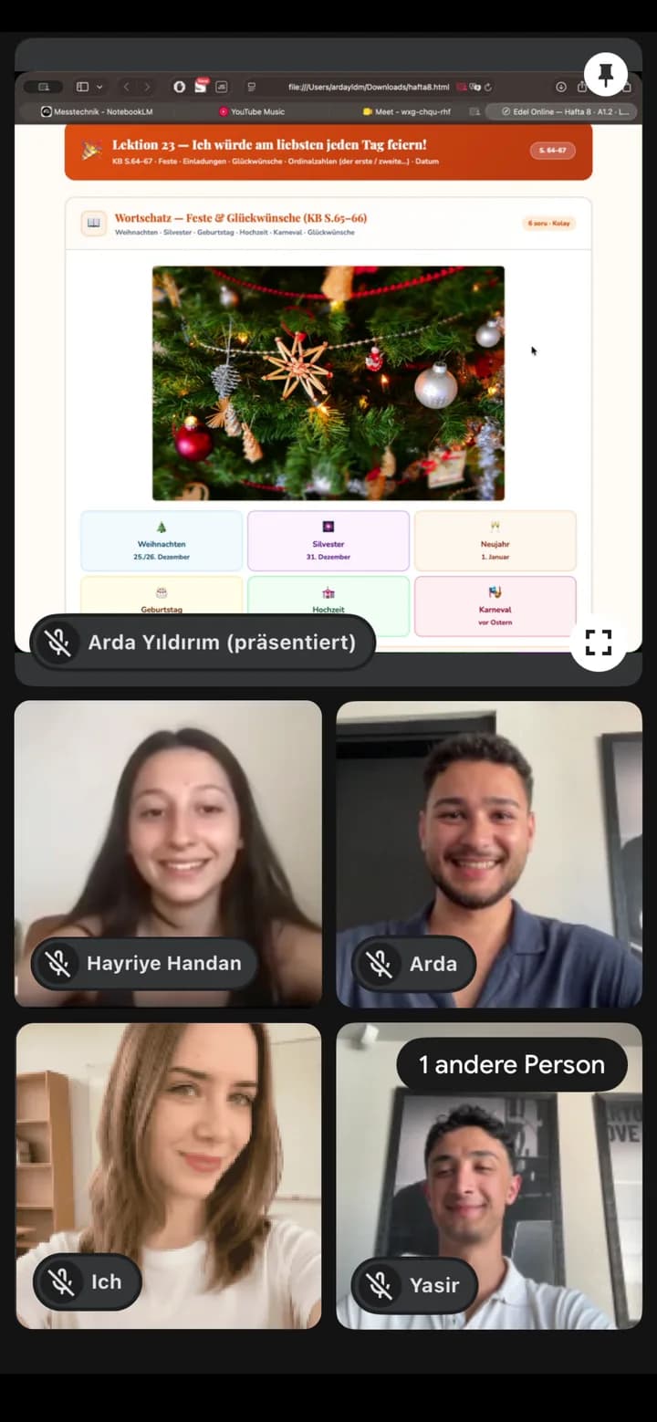 Edel Online canlı ders — eğitmen ve öğrenciler video görüşmede ders işliyor